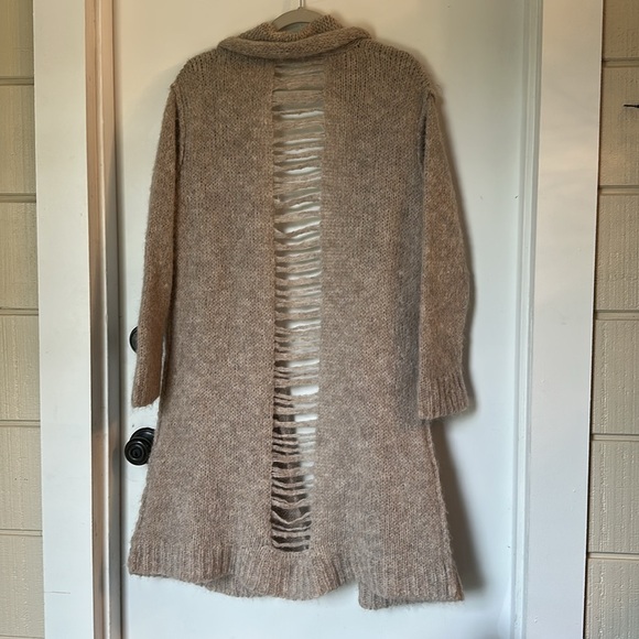 Current Elliott Long Slash Pocket Open Front Alpaca shredded Cardigan beige 3 lg - Picture 6 of 6